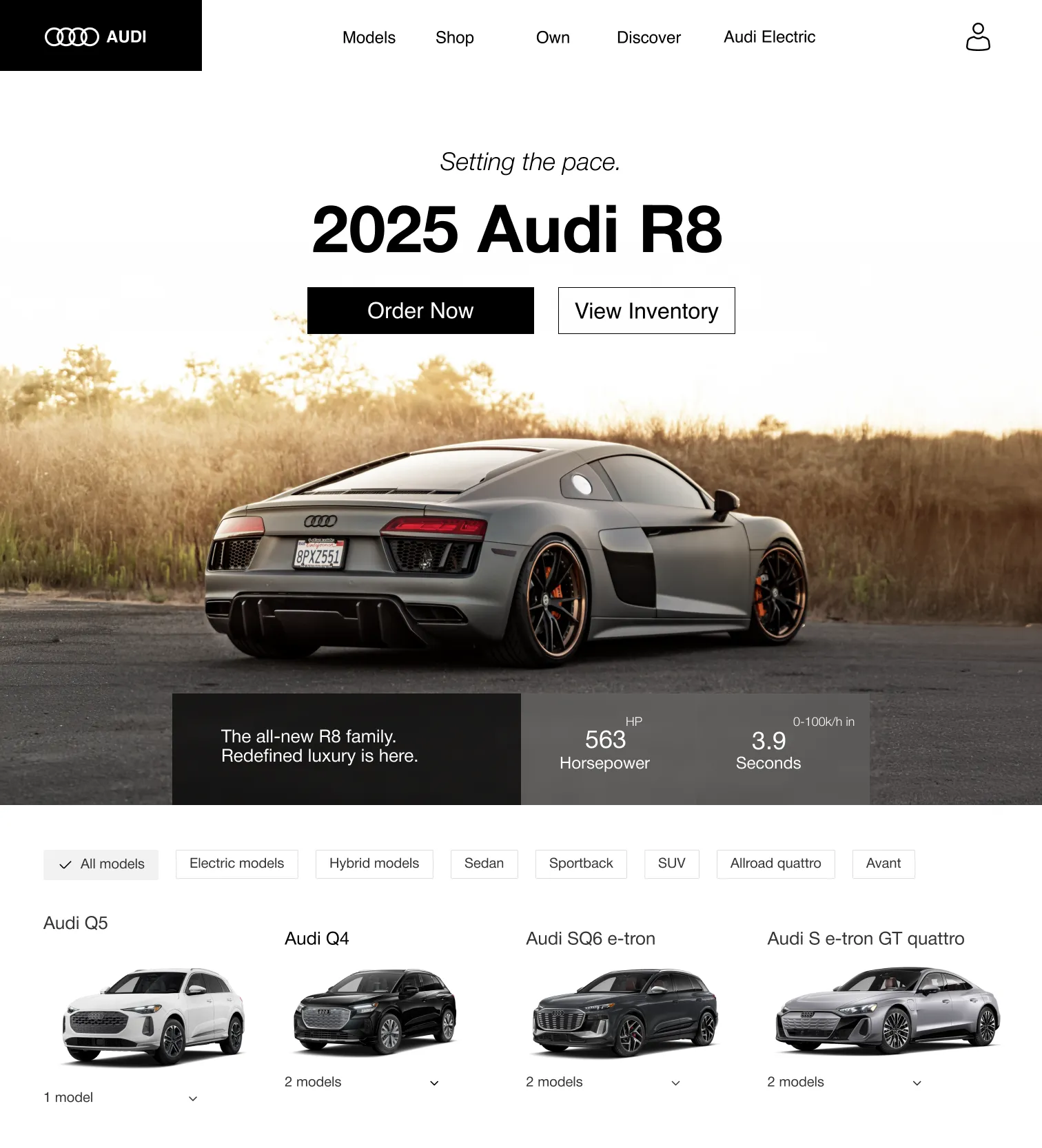 A re-design of Audi's website with a beautiful Audi R8 in the middle
