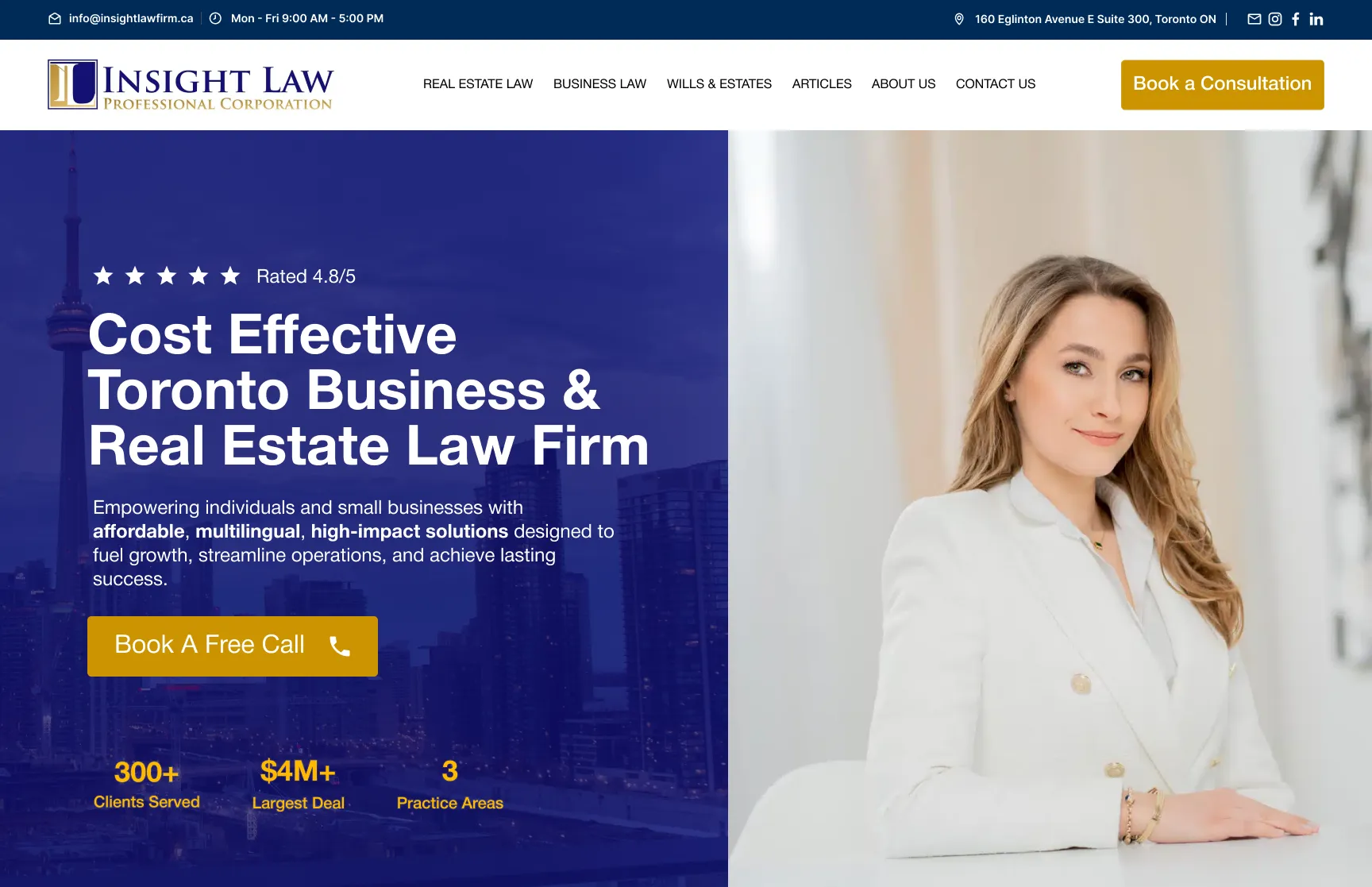 Blue and yellow web design of a Toronto law firm
